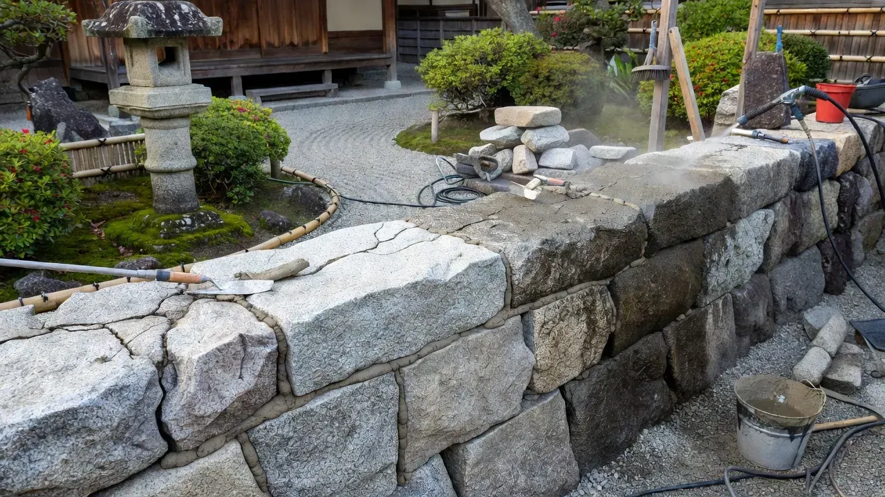 石積み擁壁のメンテナンス補修作業